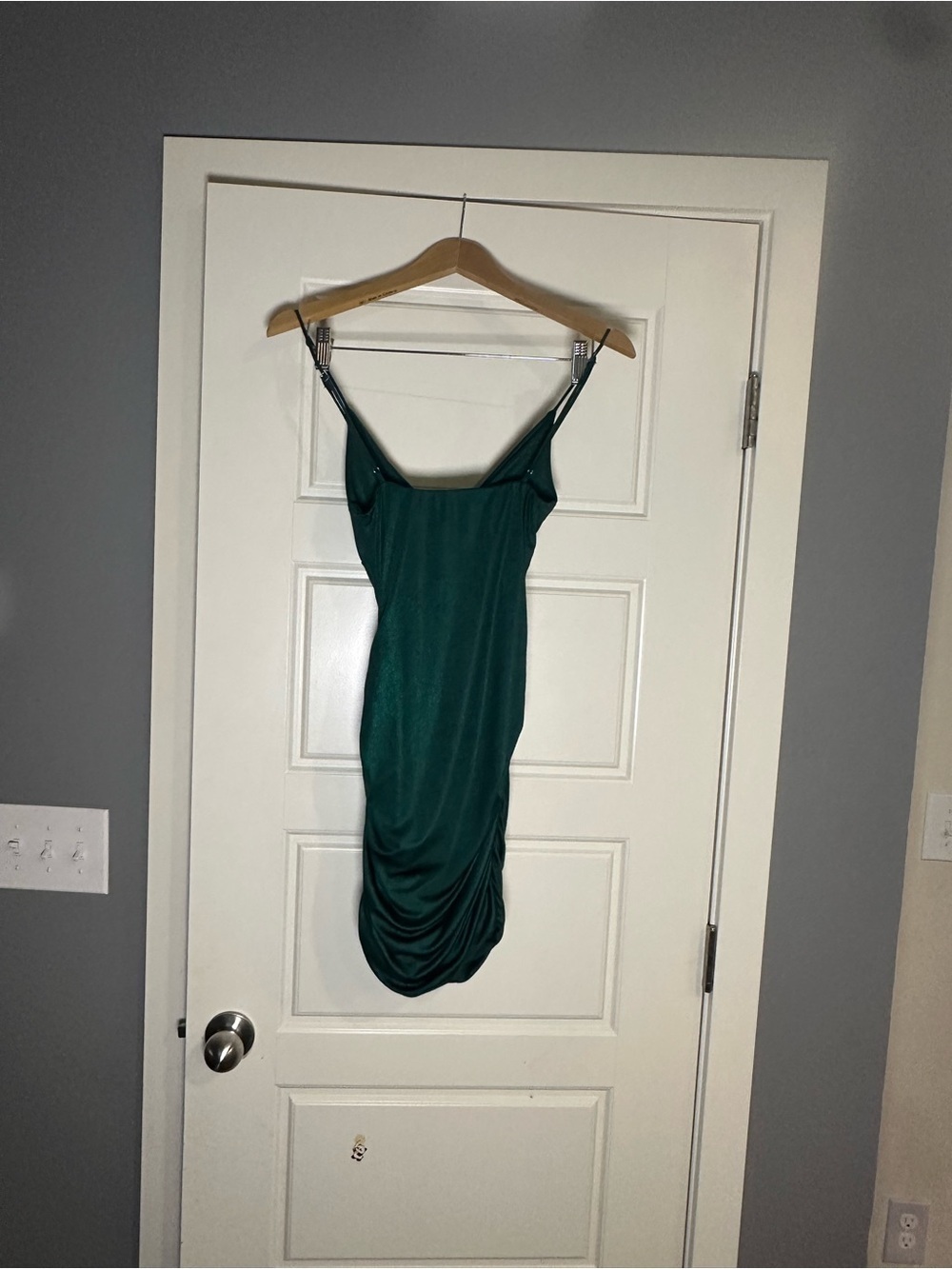 Lucy in the Sky Emerald Green Ruched V-Neck Mini Dress - Picture 5 of 5